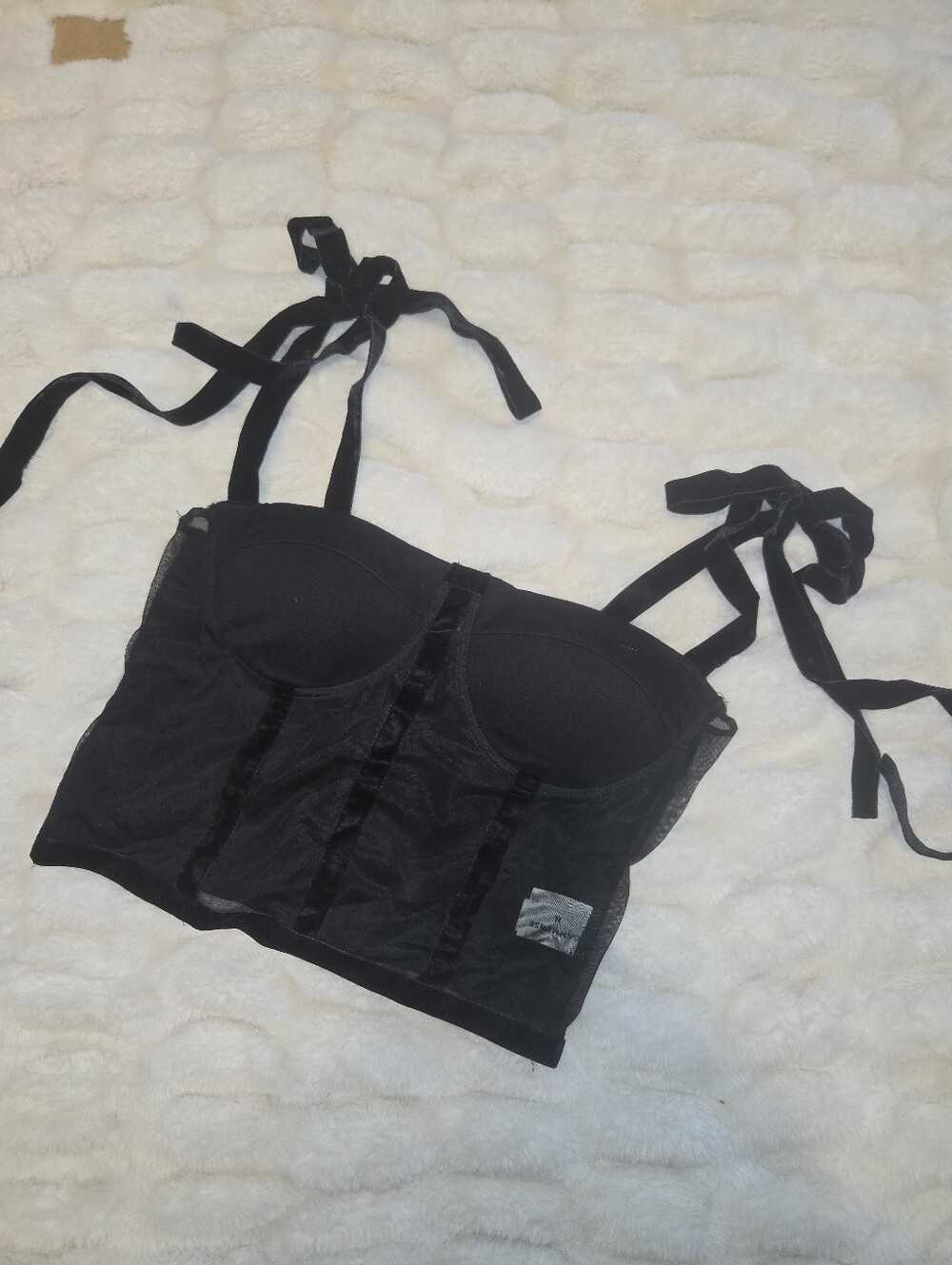 Commense Black Mesh Corset Top [Medium] Velvet Ribbon Coquette Sheer Dark Goth